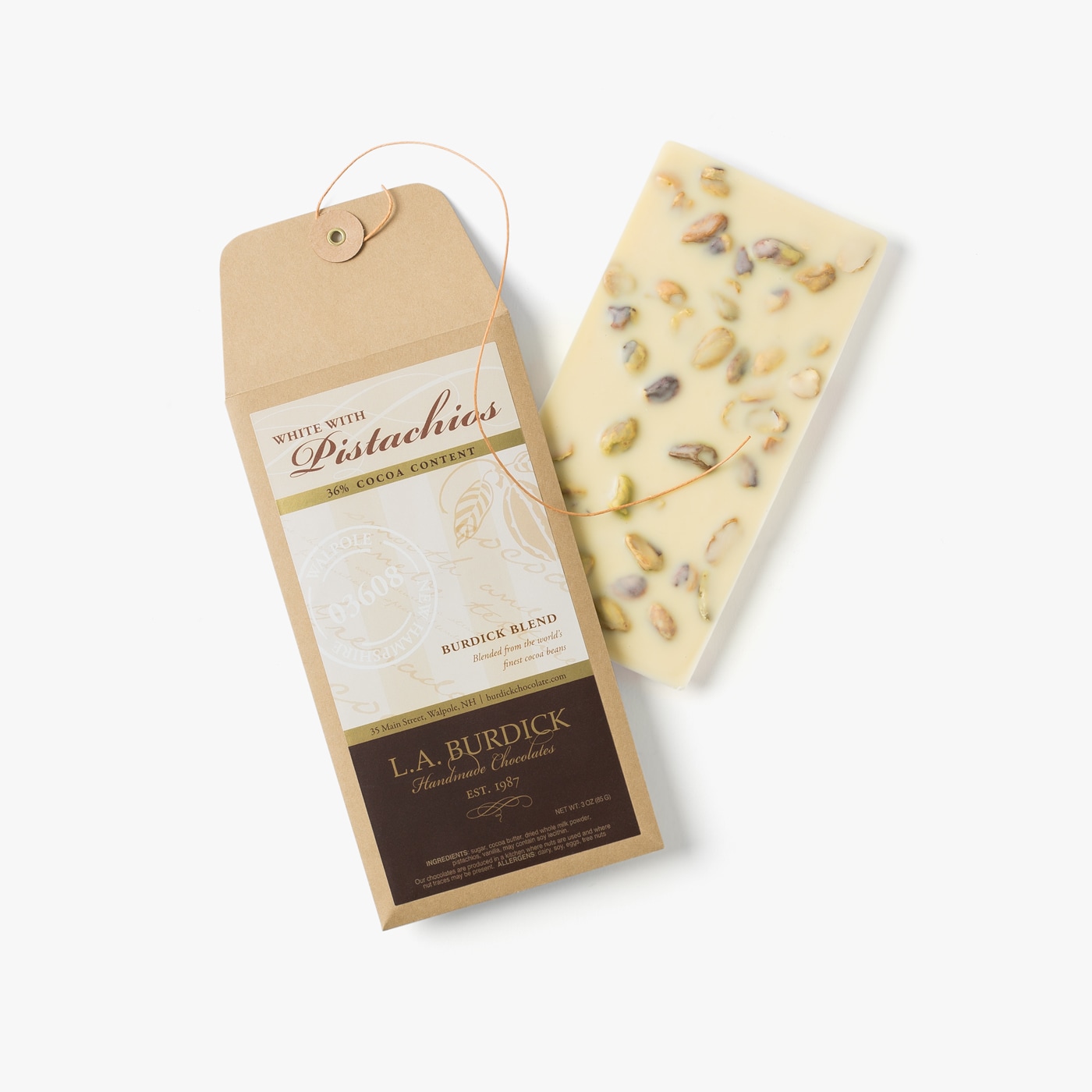 White Chocolate Candy Bar w/pistachios. Indulge in the velvety richness and luscious vanilla notes of our Burdick Blend White Chocolate Bar accented with roasted pistachios.